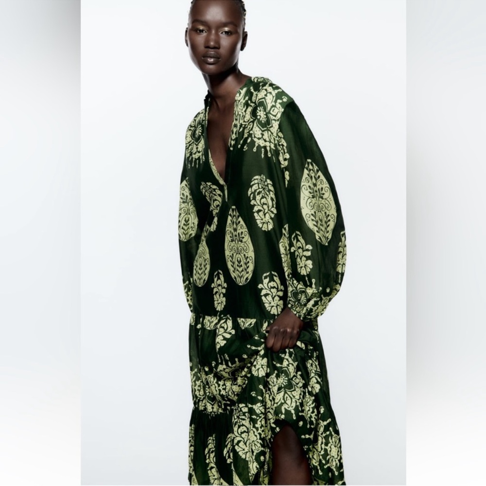 Zara Dark Green and Cream Patterned Dress